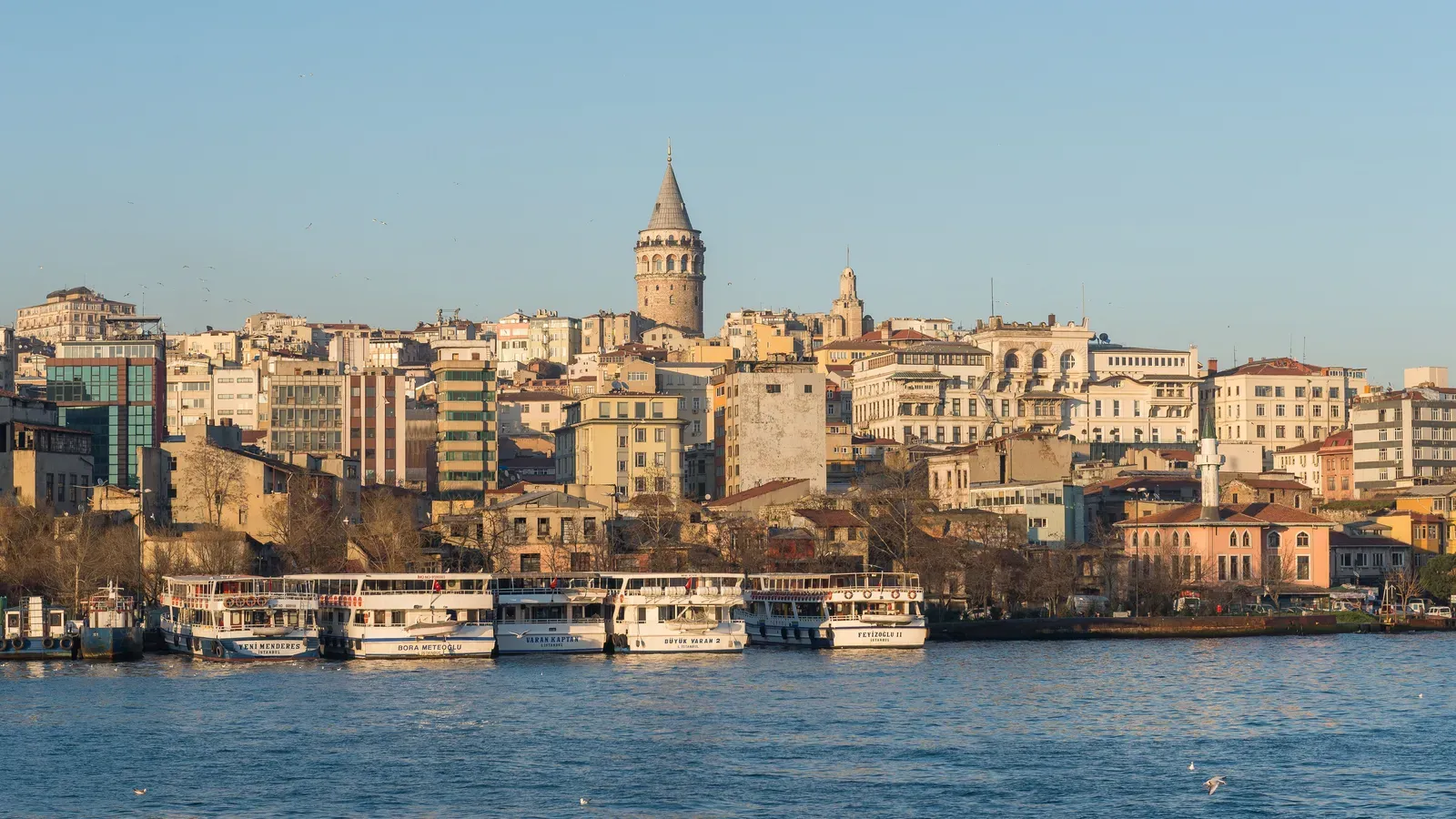 The Galata Tower rising above the hillside buildings of Karaköy, with white passenger boats moored along the Golden Horn in late-afternoon light