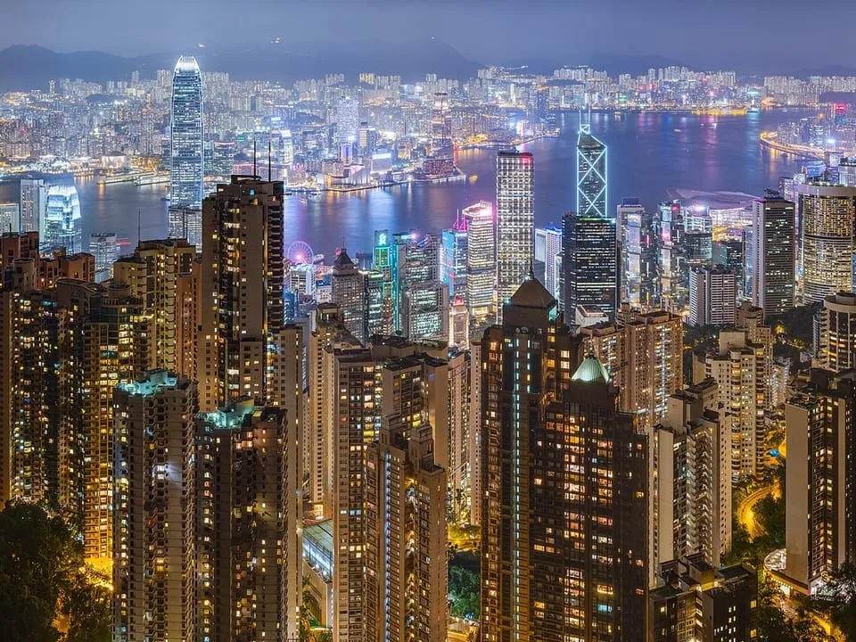 Hong Kong's towers and Victoria Harbour at night, seen from Victoria Peak