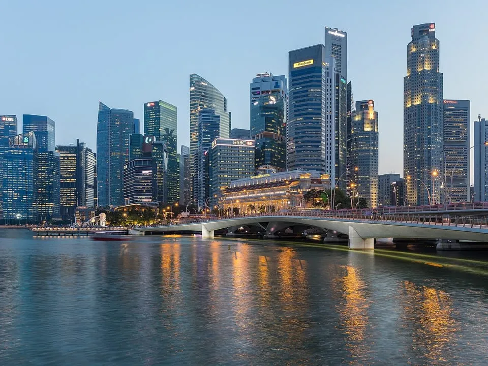 The towers of the Central Business District and the Esplanade Bridge in the evening
