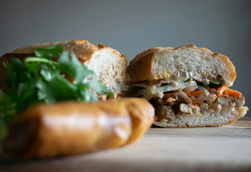 Banh Mi Vietnamese sandwich with pork and vegetables