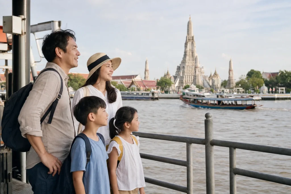 A family at a Chao Phraya riverside pier with Wat Arun across the water
