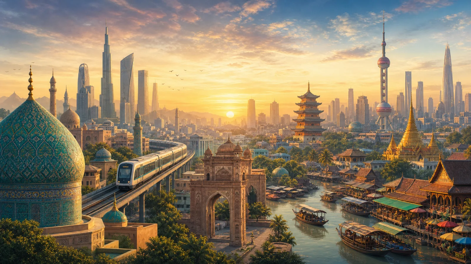 An imagined panorama blending urban rail, historic architecture, markets, and skylines from across Asia