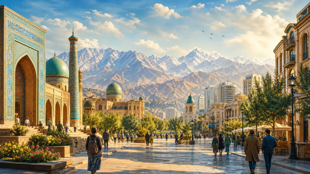 An imagined Central Asian boulevard connecting turquoise-tiled architecture, a modern city, and mountains