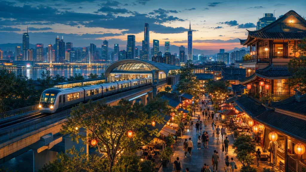 An imagined East Asian city at blue hour with urban rail, a pedestrian street, traditional rooflines, and a modern skyline