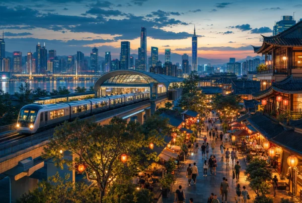 An imagined East Asian city at blue hour with urban rail, a pedestrian street, traditional rooflines, and a modern skyline