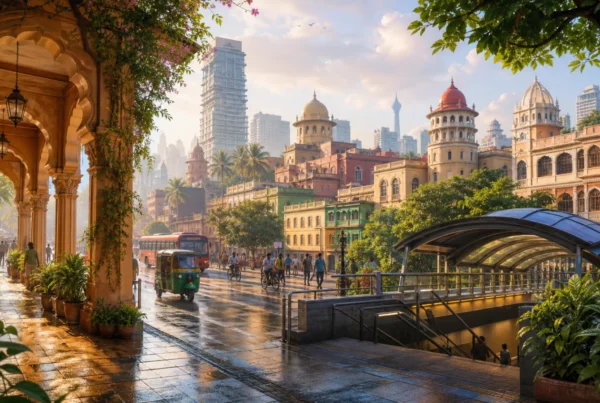 An imagined South Asian city after rain with a shaded arcade, public transport, greenery, and layered architecture