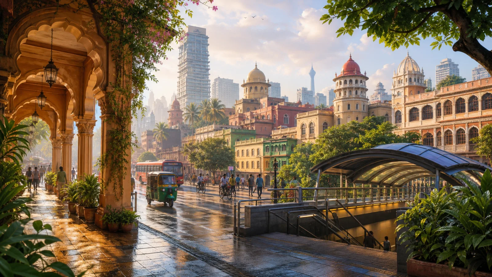 An imagined South Asian city after rain with a shaded arcade, public transport, greenery, and layered architecture