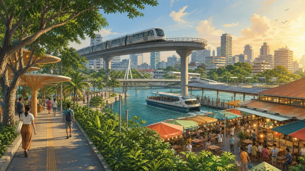 An imagined tropical Southeast Asian city connected by metro, ferry, shaded paths, and a food market