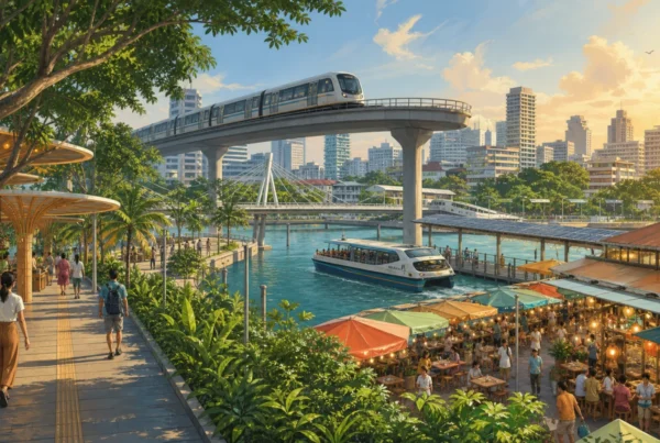 An imagined tropical Southeast Asian city connected by metro, ferry, shaded paths, and a food market