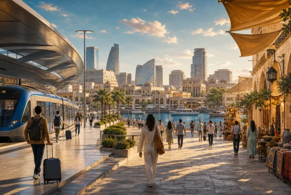 An imagined Western Asian stopover city connecting airport rail, a waterfront, shaded markets, and a modern skyline