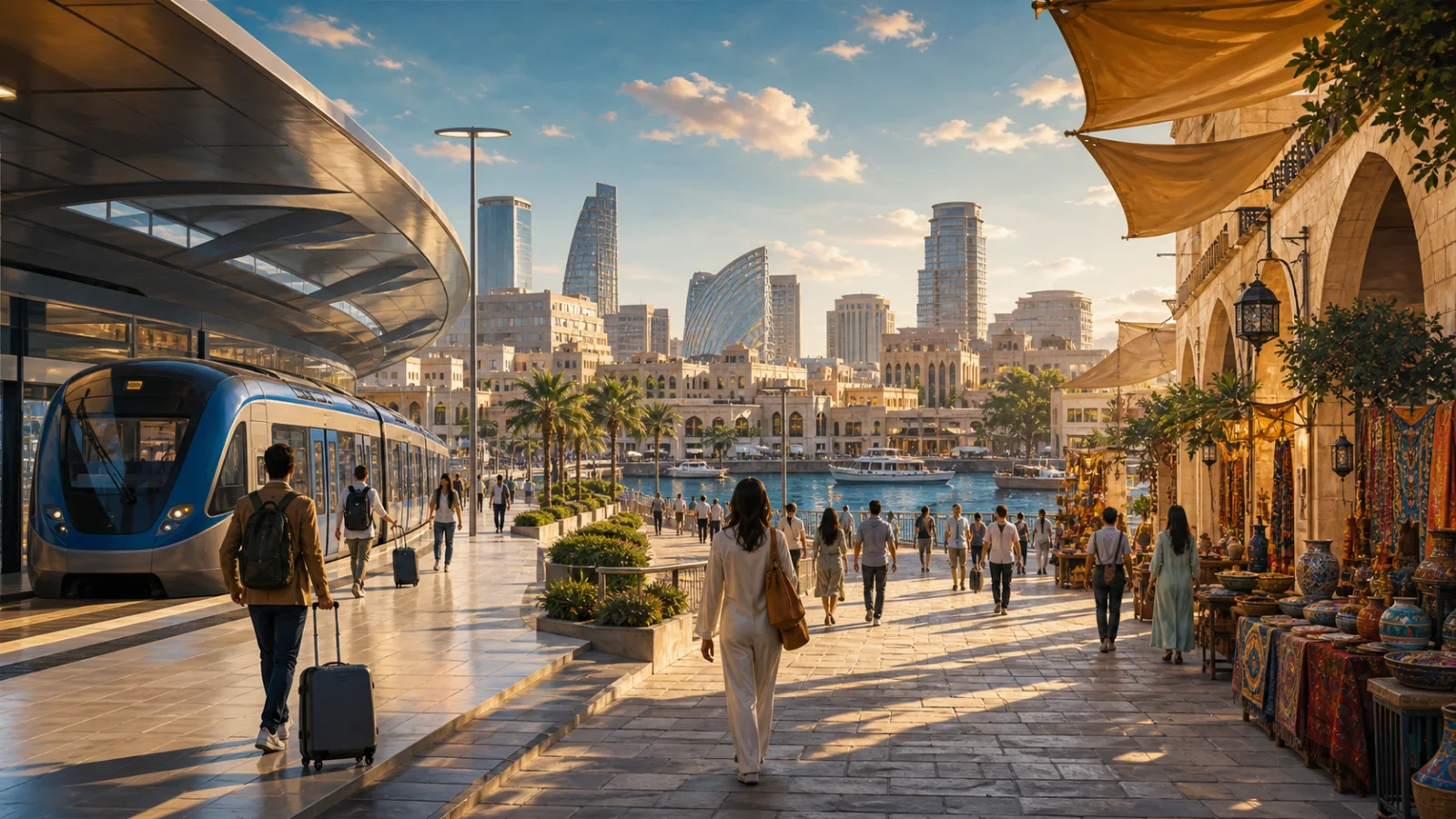 An imagined Western Asian stopover city connecting airport rail, a waterfront, shaded markets, and a modern skyline