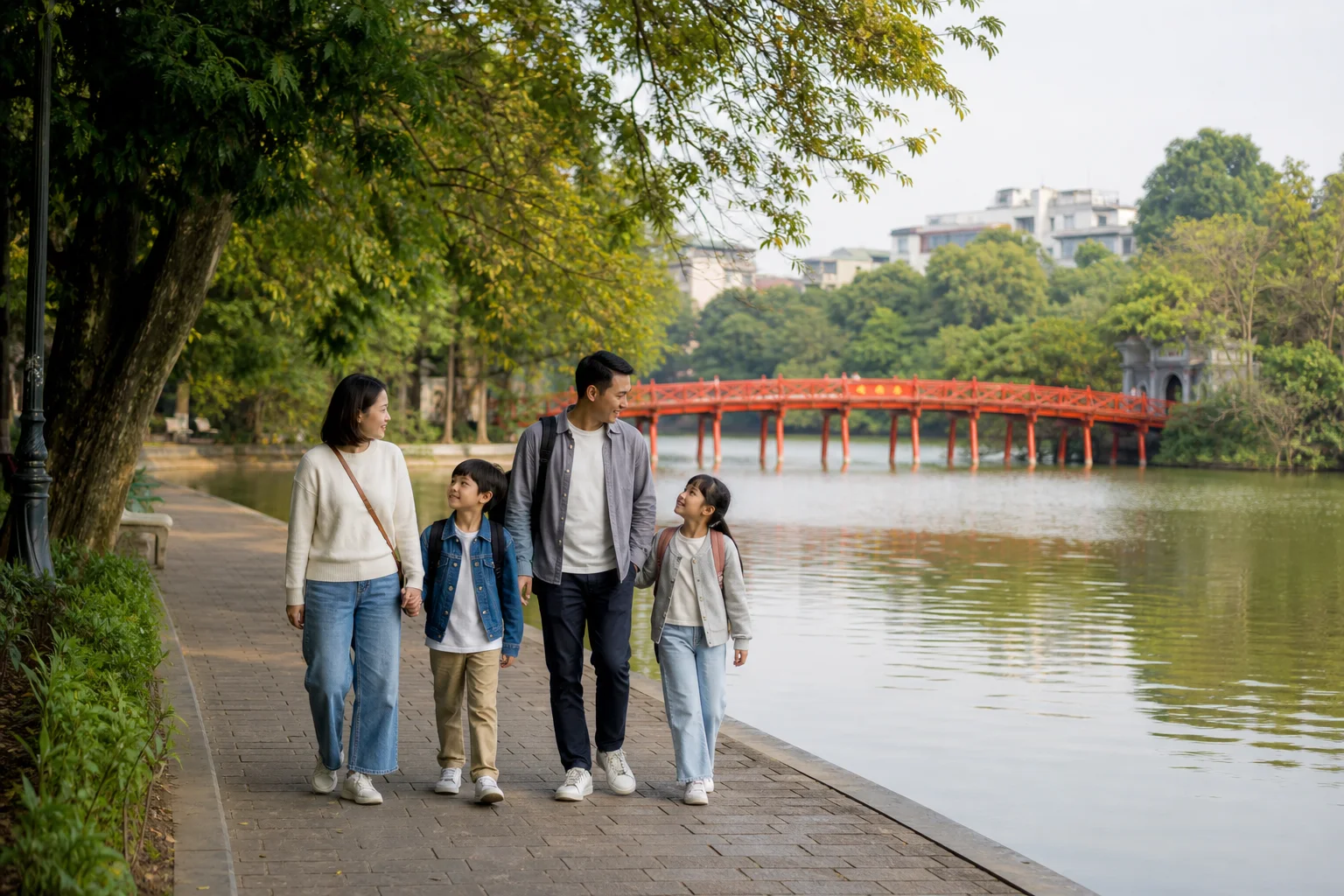 A family walking beside Hoan Kiem Lake with the red Huc Bridge behind them