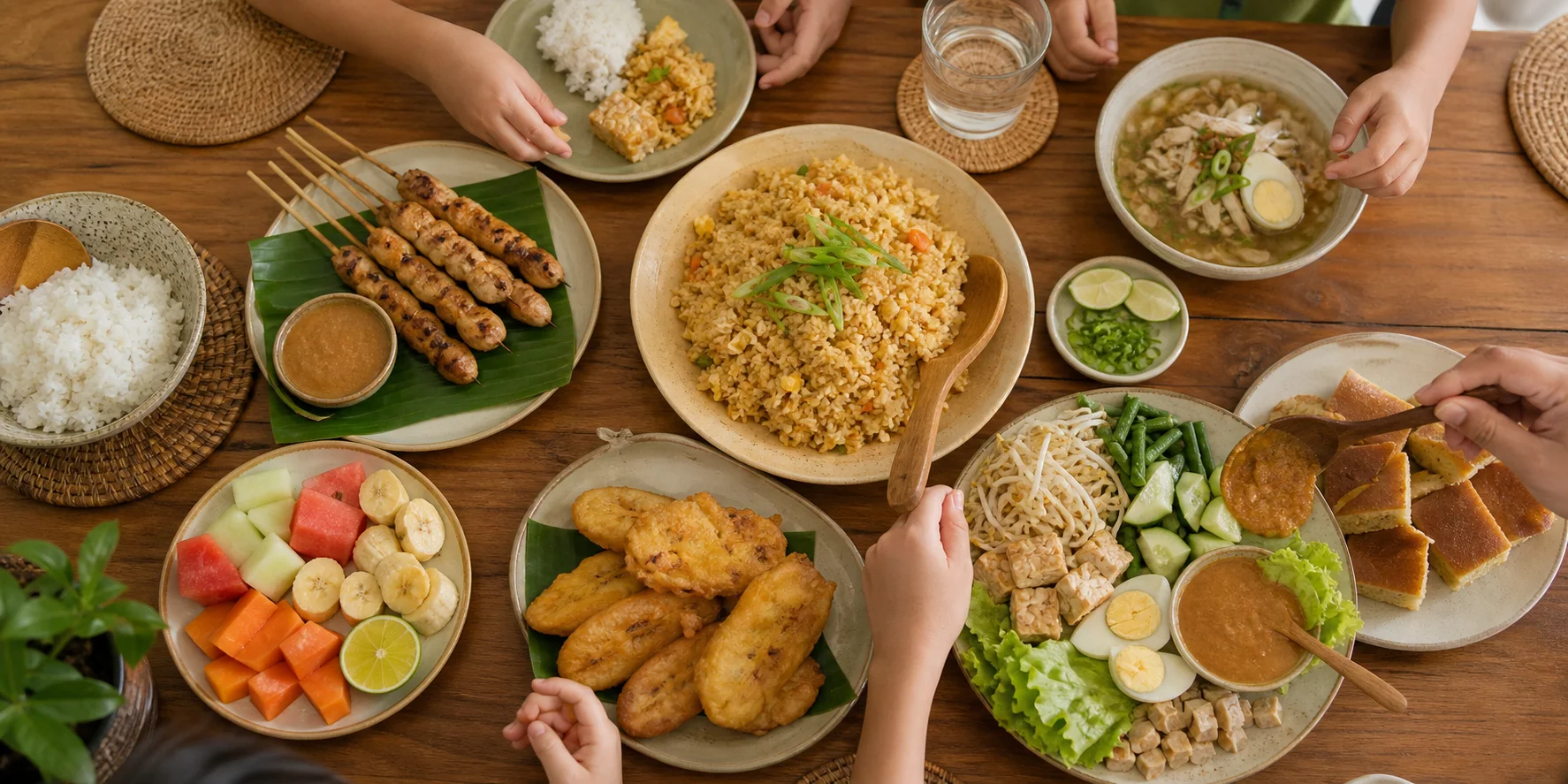 An overhead spread of mild Indonesian dishes for a family meal