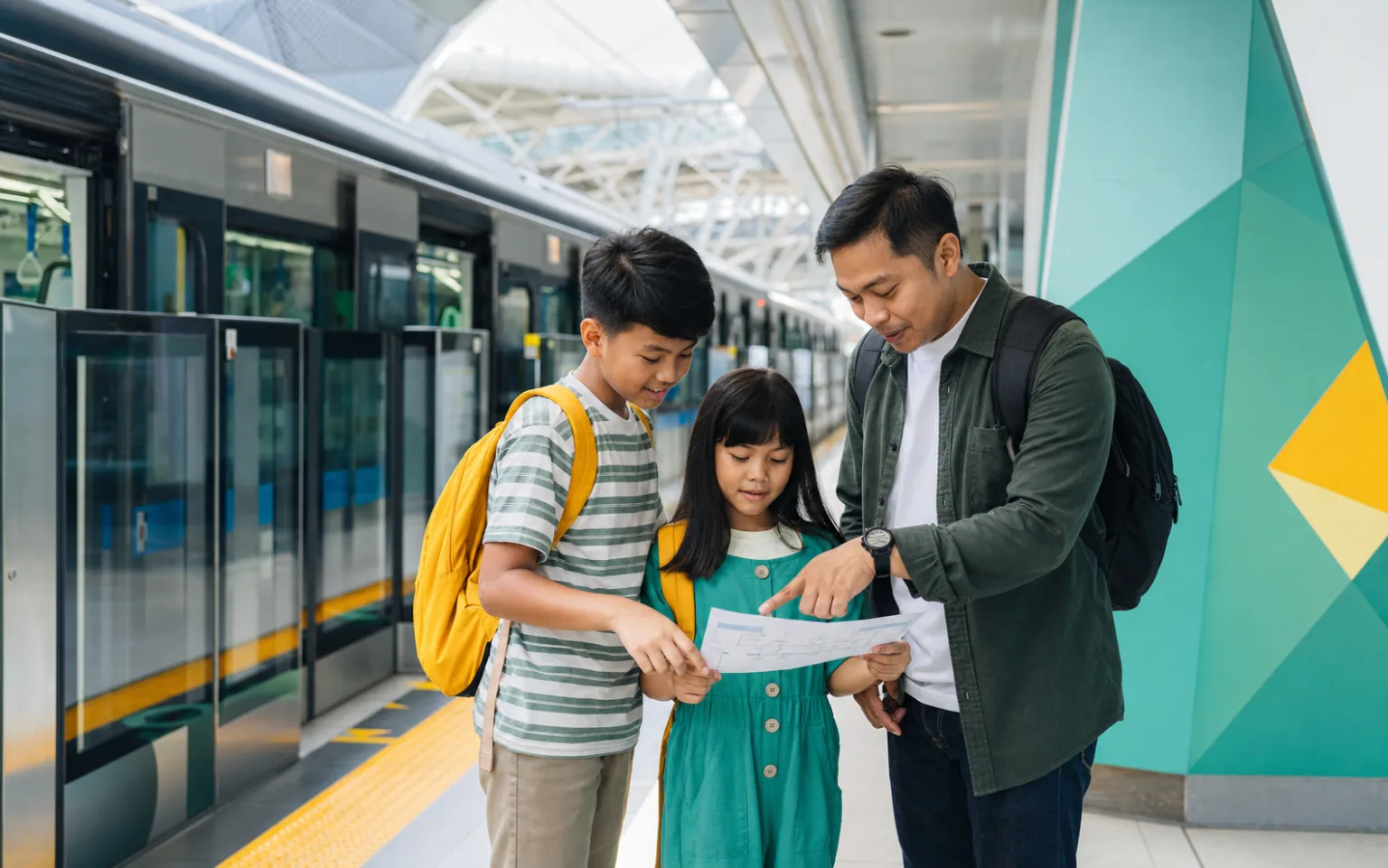 A parent and two children checking their route on an MRT Jakarta platform