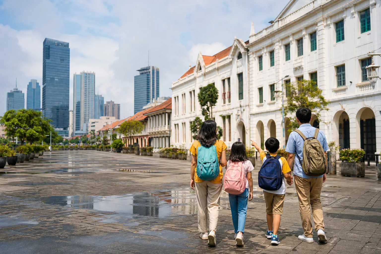 A family walking through a sunny historic square in Jakarta