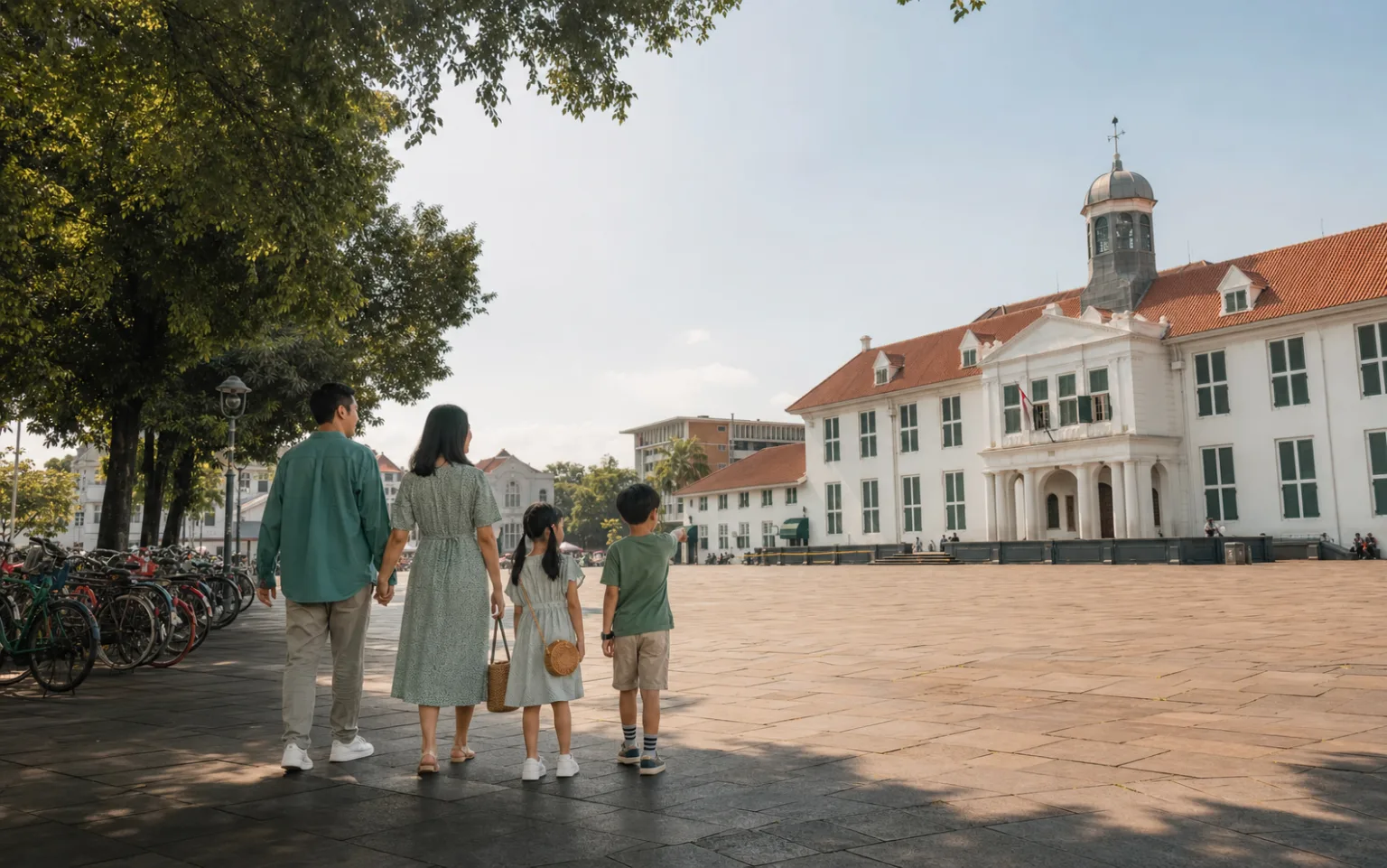 A family looking across Fatahillah Square toward the Jakarta History Museum