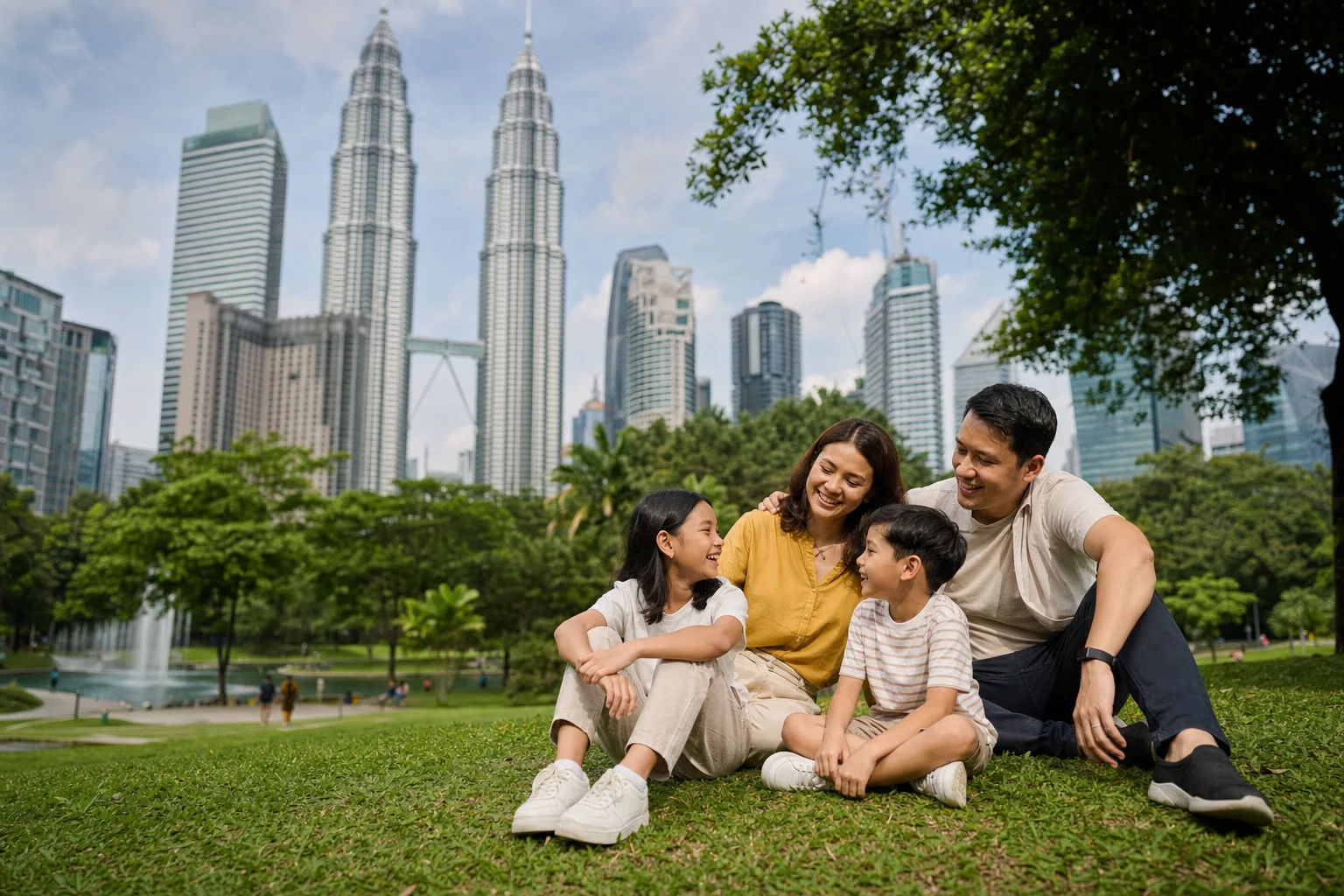 A family relaxing in KLCC Park with the Petronas Twin Towers behind them