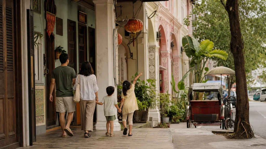 A family walking beside heritage shophouses in George Town, Penang