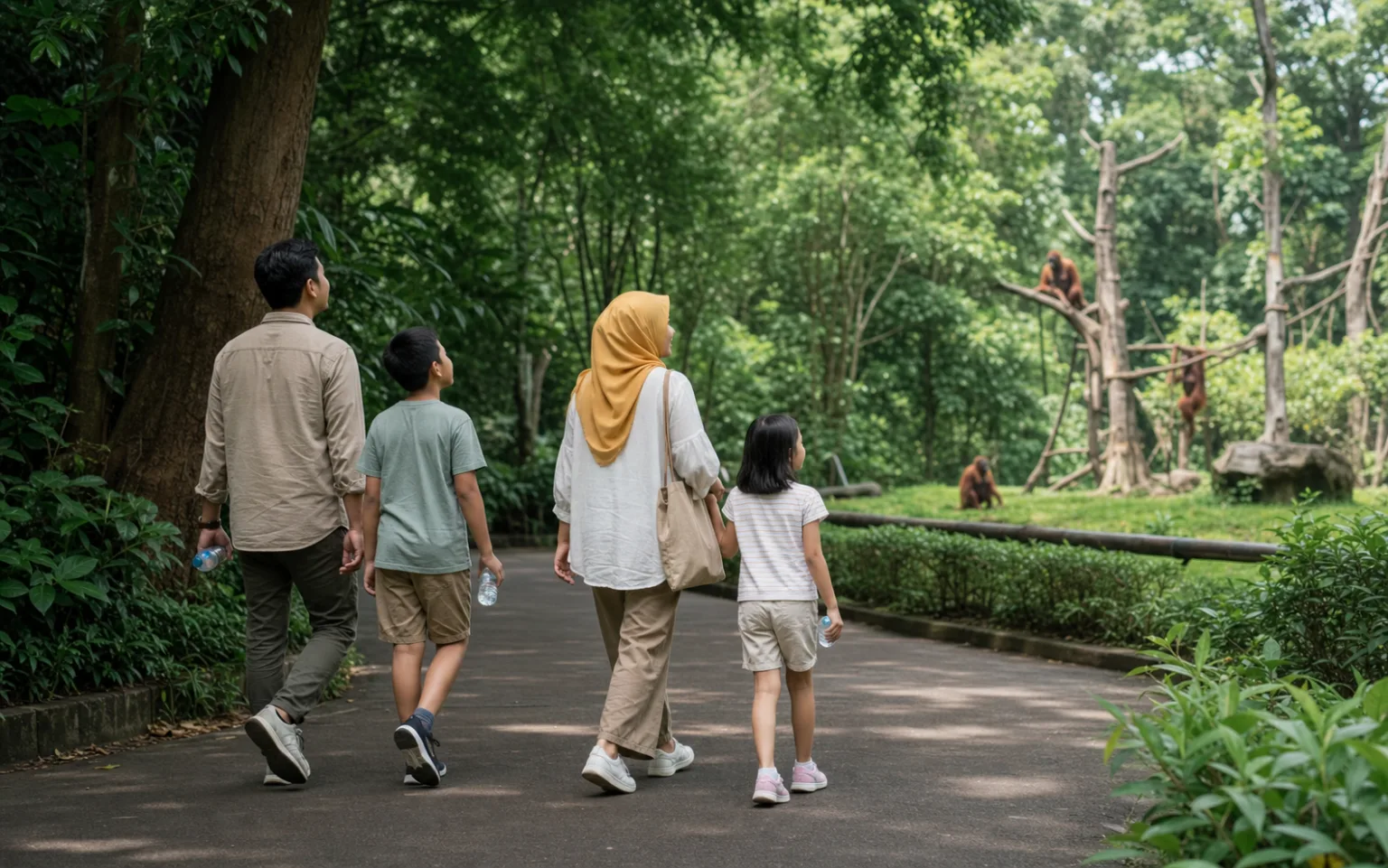 A family observing orangutans from a respectful distance at Ragunan Zoo