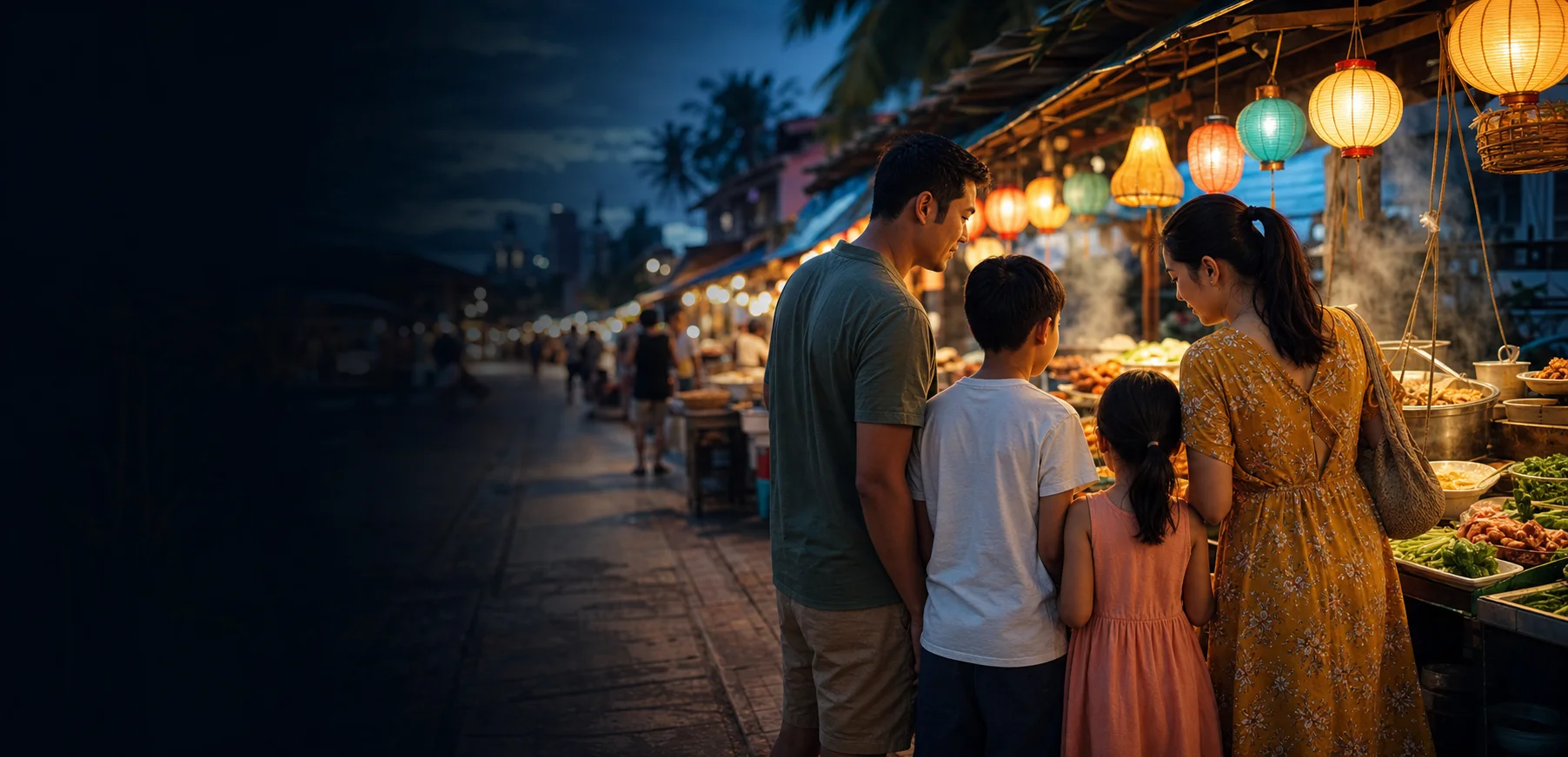 A family exploring a colourful Southeast Asian night market at dusk
