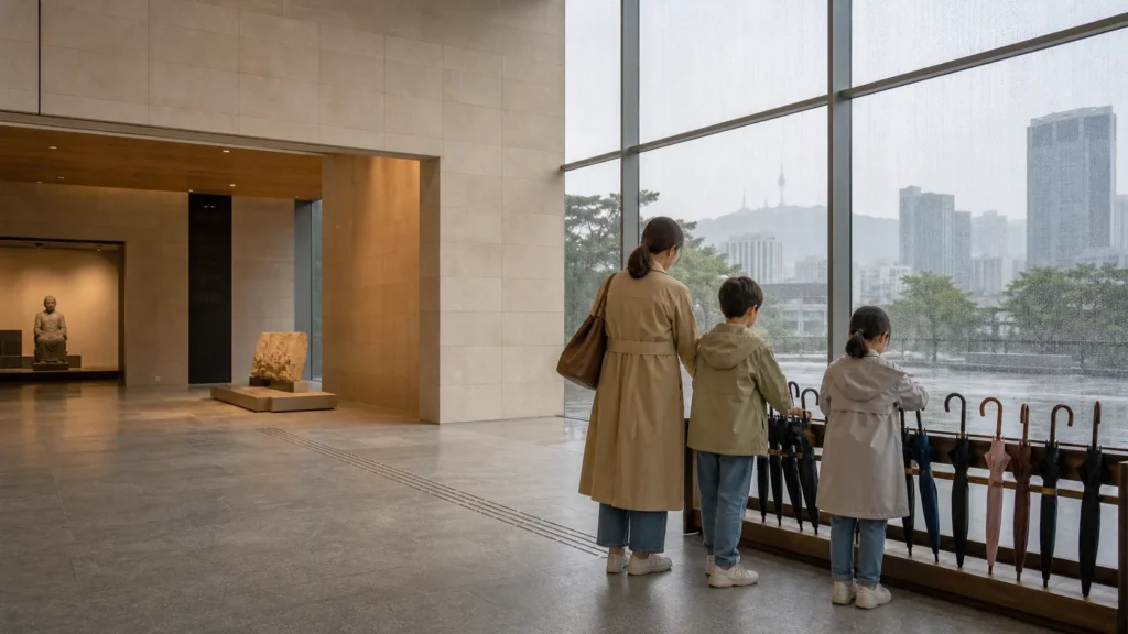 A family placing umbrellas in a Seoul museum on a rainy day