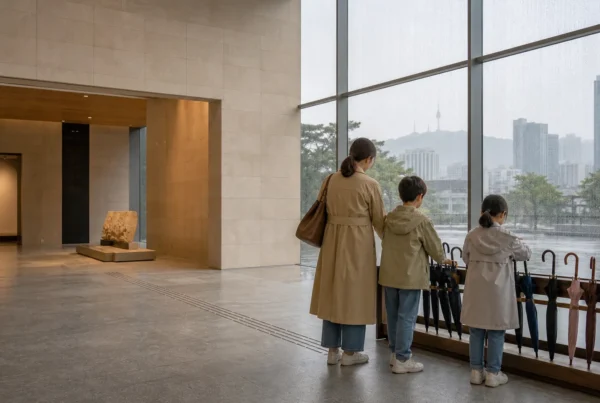 A family placing umbrellas in a Seoul museum on a rainy day