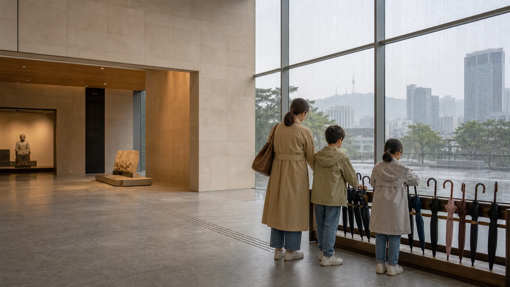 A family placing umbrellas in a Seoul museum on a rainy day