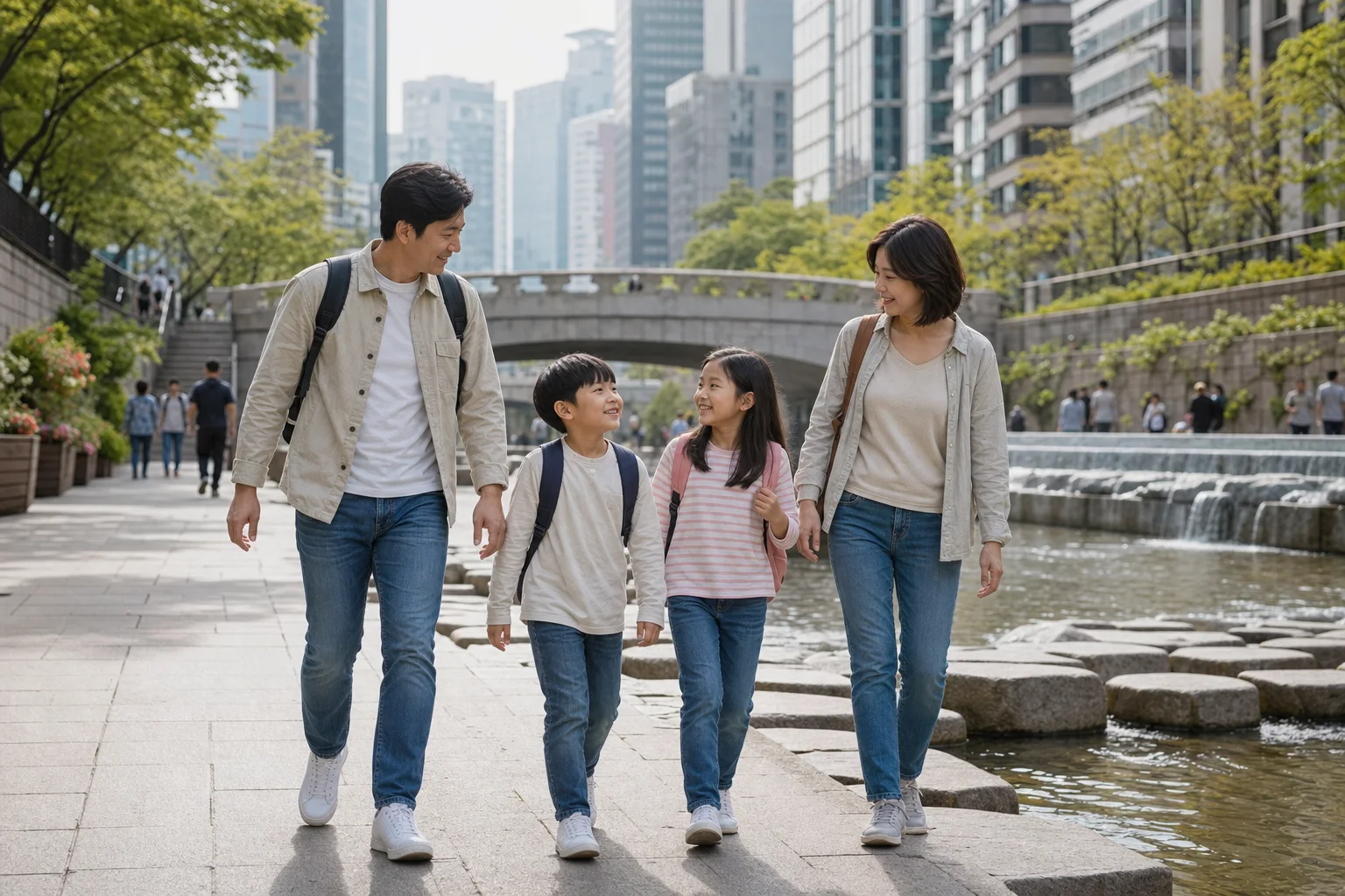A family walking beside Cheonggyecheon stream in central Seoul