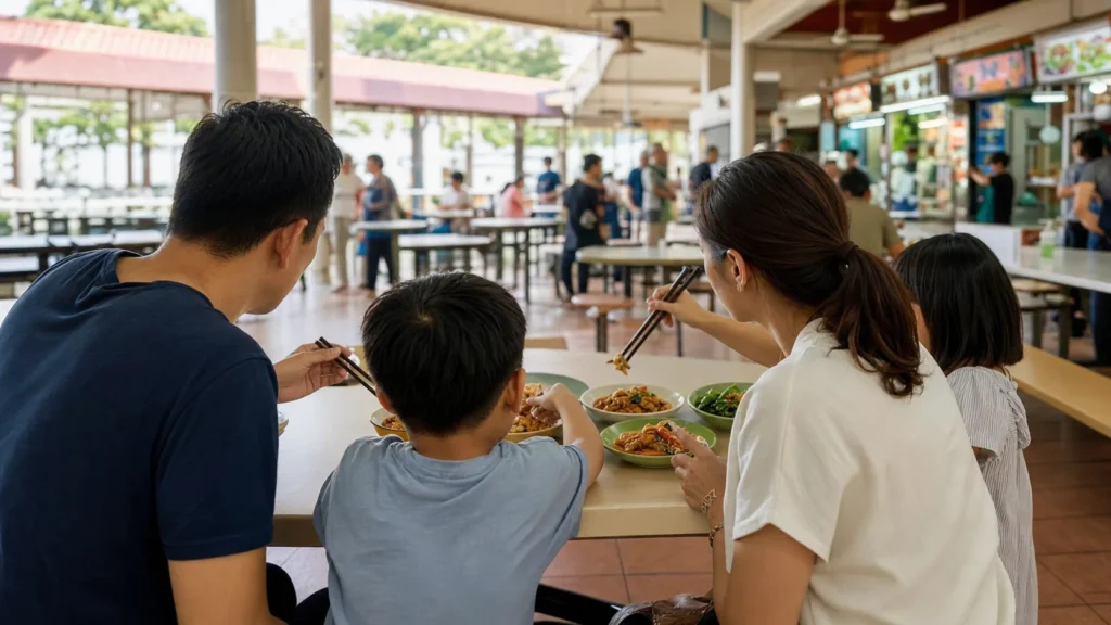 A family sharing several dishes at a bright Singapore hawker centre