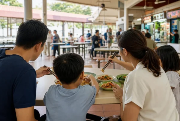 A family sharing several dishes at a bright Singapore hawker centre