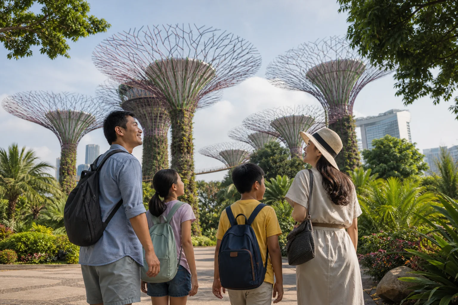 A family exploring the Supertree Grove at Gardens by the Bay in Singapore