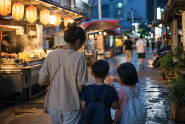 A parent and two children exploring a Taipei night market at blue hour