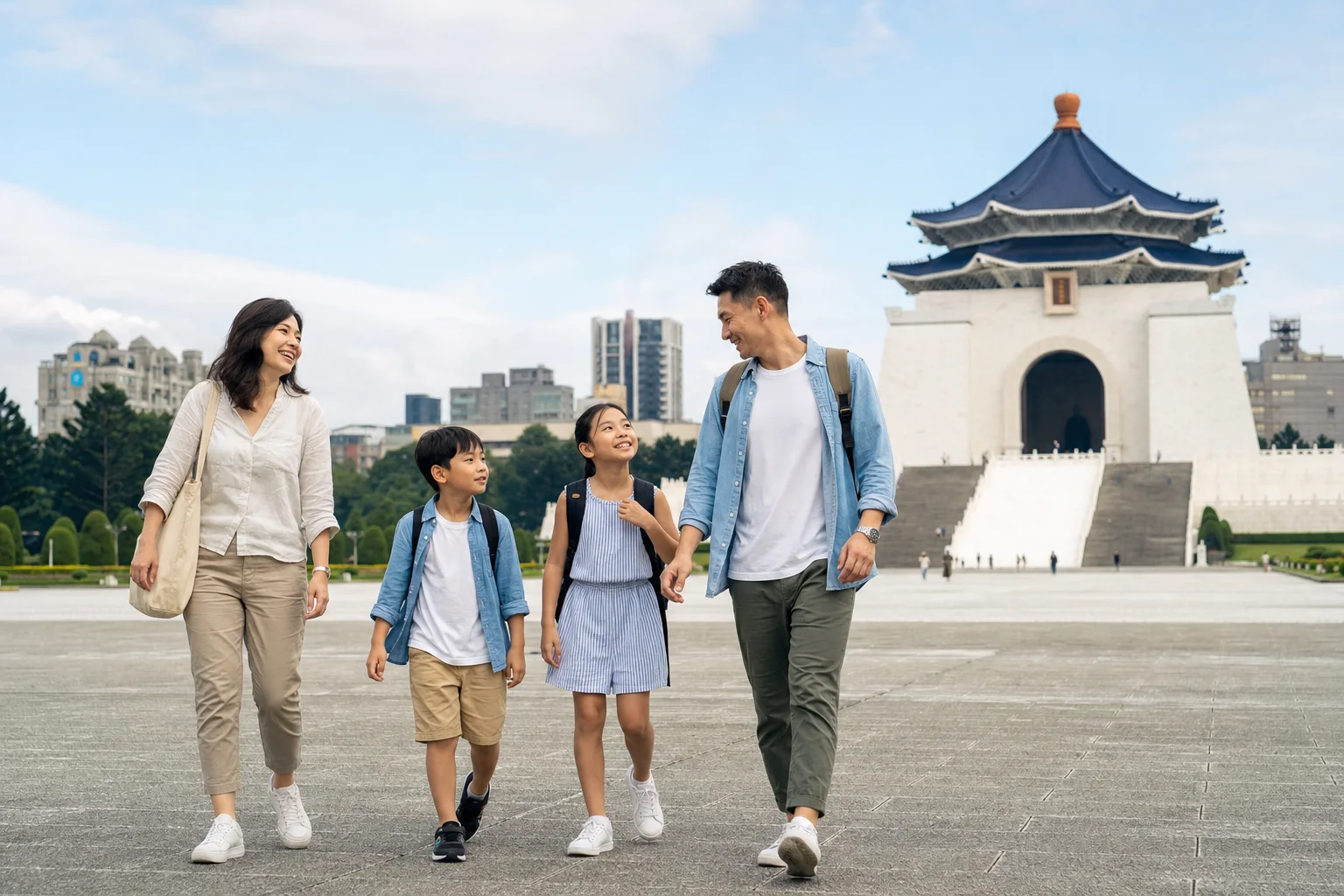 A family crossing the plaza at Chiang Kai-shek Memorial Hall in Taipei