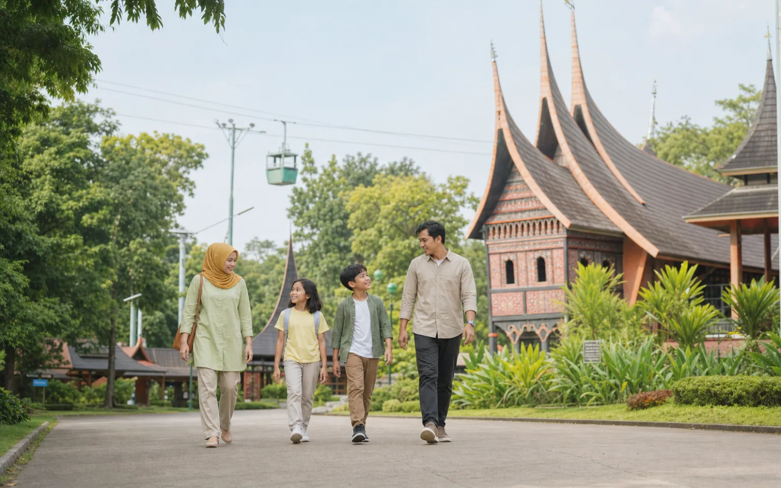 An Indonesian family exploring cultural pavilions at Taman Mini Indonesia Indah