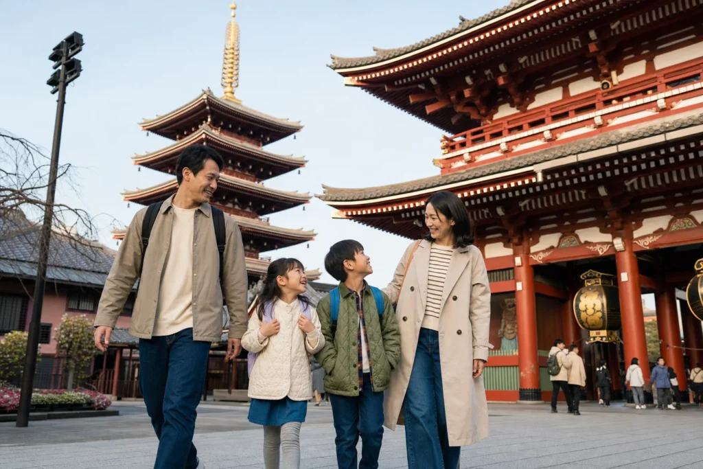 A family walking beside Senso-ji temple and its pagoda in Asakusa, Tokyo